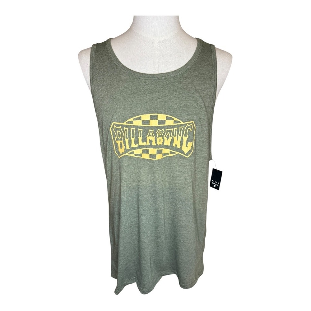 Billabong Tank Top Mens Large Olive Green Graphic‎ Checkered Logo Sleeveless NWT